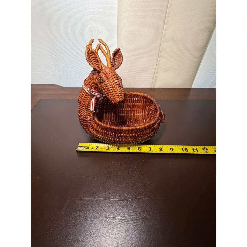 Vintage Wicker Reindeer Basket Christmas Deer Candy Dish Rattan Holiday Decor